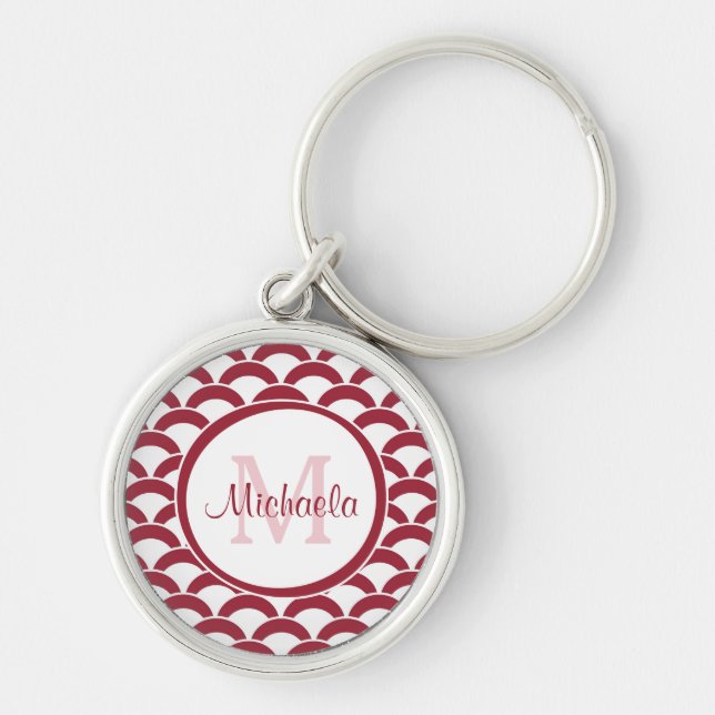 Modern Red and White Scallops Monogram and Name Keychain (Front)