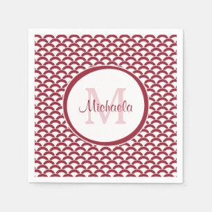 Modern Red and White Scallops Monogram and Name Napkins