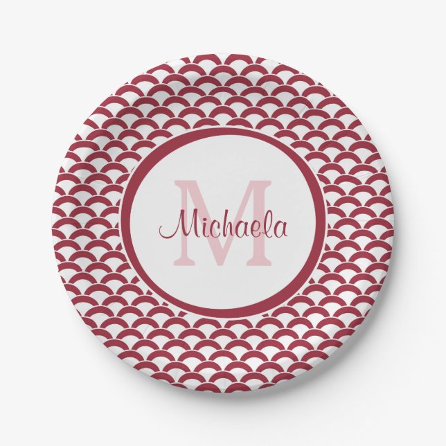Modern Red and White Scallops Monogram and Name Paper Plates (Front)