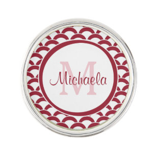 Modern Red and White Scallops Monogram and Name Pin