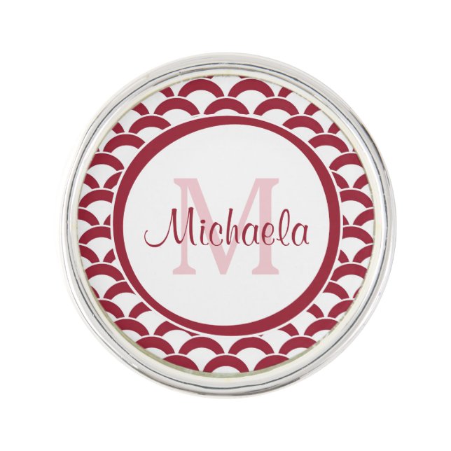 Modern Red and White Scallops Monogram and Name Pin (Front)