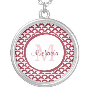 Modern Red and White Scallops Monogram and Name Silver Plated Necklace