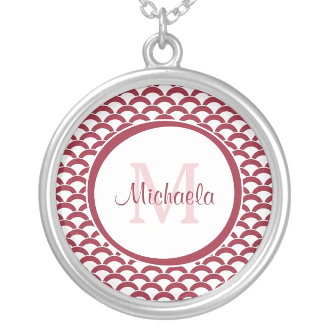 Modern Red and White Scallops Monogram and Name Silver Plated Necklace (Front)