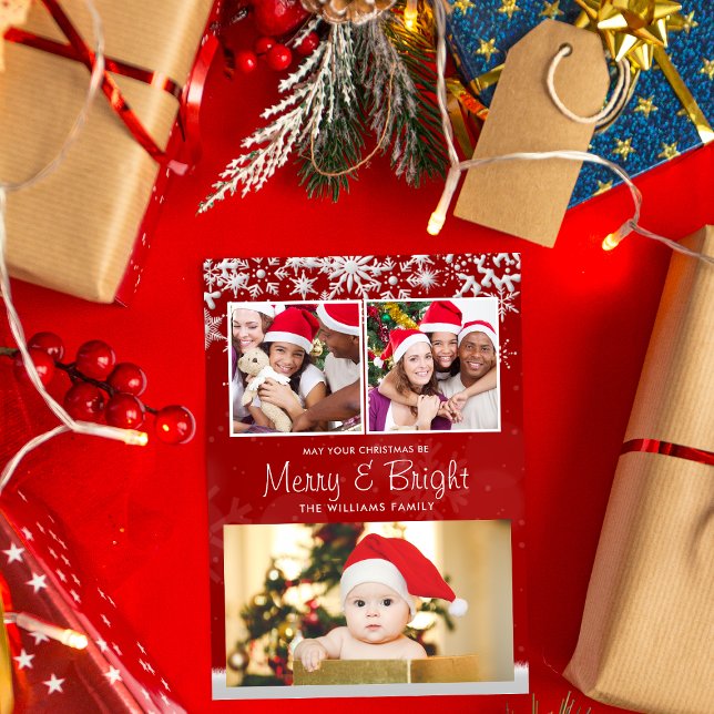 Modern Red And White Snowflake Custom Three Photos Holiday Card (Creator Uploaded)