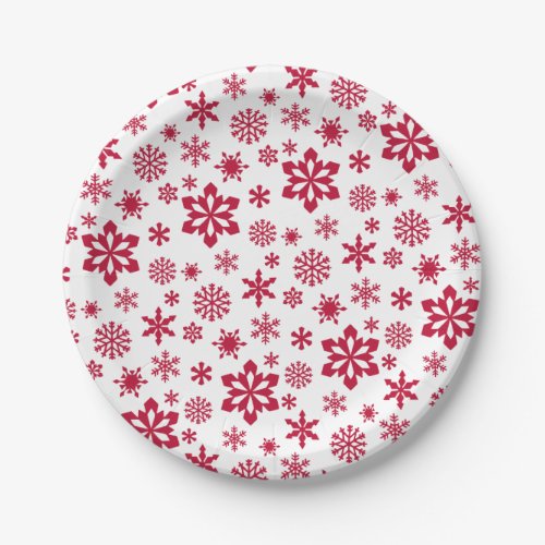 Modern red and white snowflake pattern paper plates