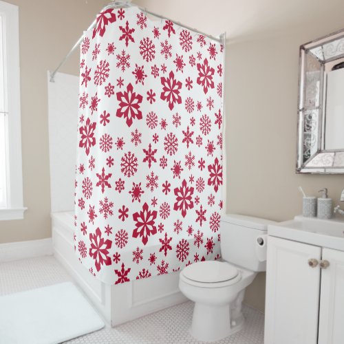 Modern red and white snowflake pattern shower curtain