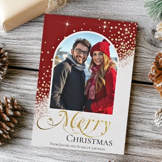 Modern Red and White Sparkle Christmas Photo Card