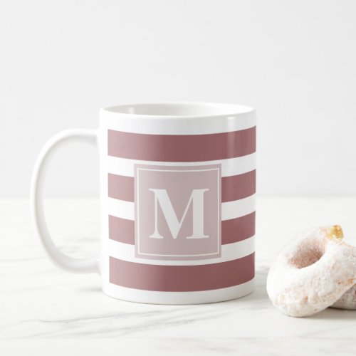 Modern Red and White Stripe with Monogram Coffee Mug