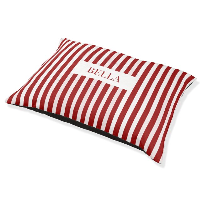 Modern Red and White Stripes Elegant Dog Name Pet Bed (Angled)