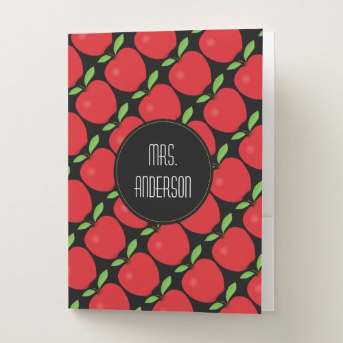 Modern Red Apple Pattern Teacher Pocket Folder - This folder design features a teacher theme with a bright red apple pattern as the background and a black circle offering custom text for the teachers name.