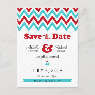 Modern Red Aqua Chevron & Lovebirds Save the Date Announcement Postcard