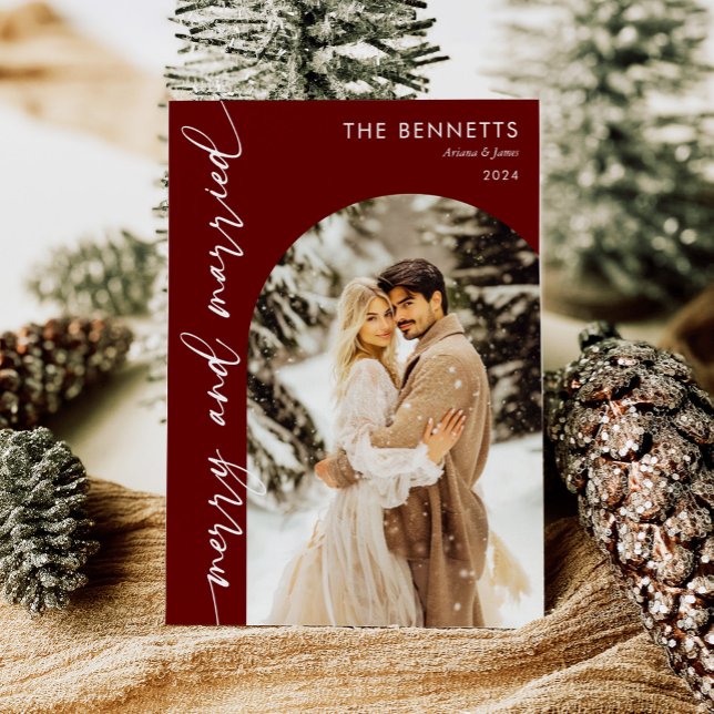 Modern Red Arch Photo Newlyweds Merry & Married  Holiday Card (Creator Uploaded)