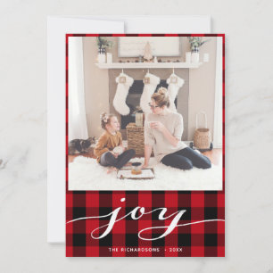 Modern Red Back Buffalo Plaid Elegant Script JOY Holiday Card