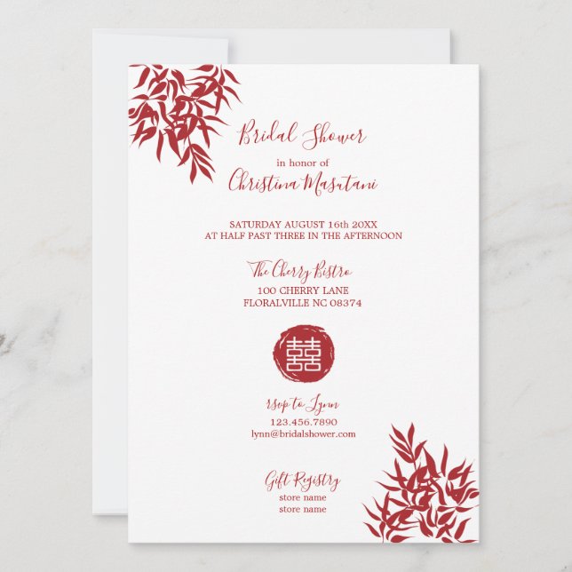 Modern Red Bamboo Double Happiness Bridal Shower Invitation (Front)