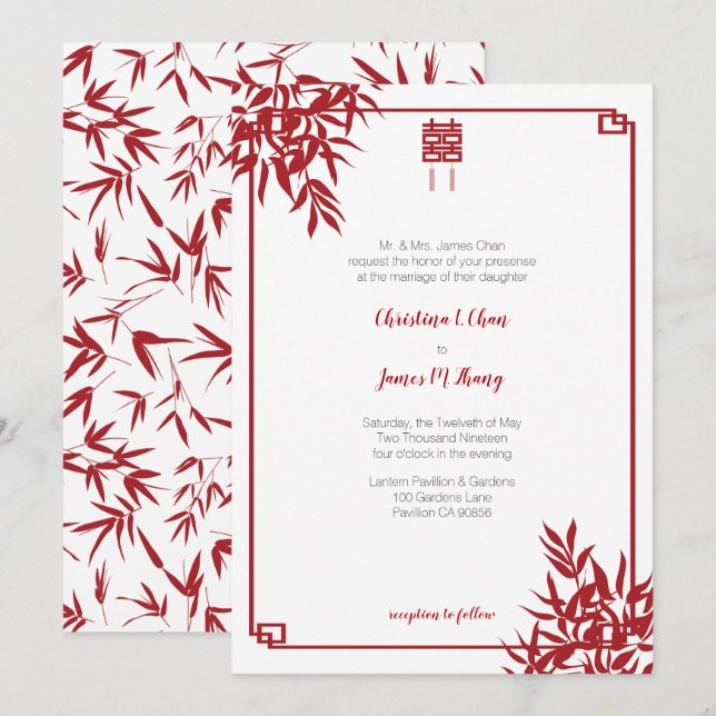Modern Red Bamboo Double Happiness Chinese Wedding Invitation (Front/Back)