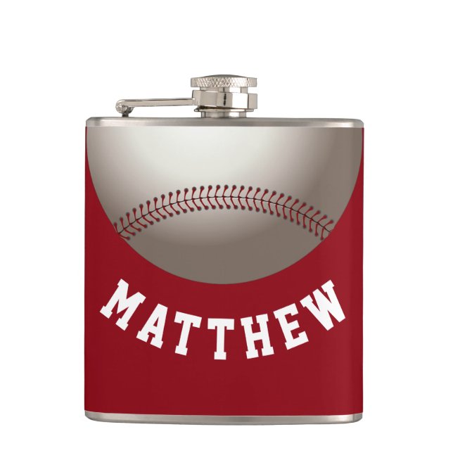 Modern Red Baseball Personalized Name Print Flask (Front)
