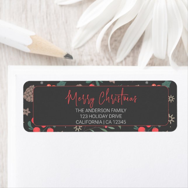 Modern Red Berries Merry Christmas Address Label (Insitu)