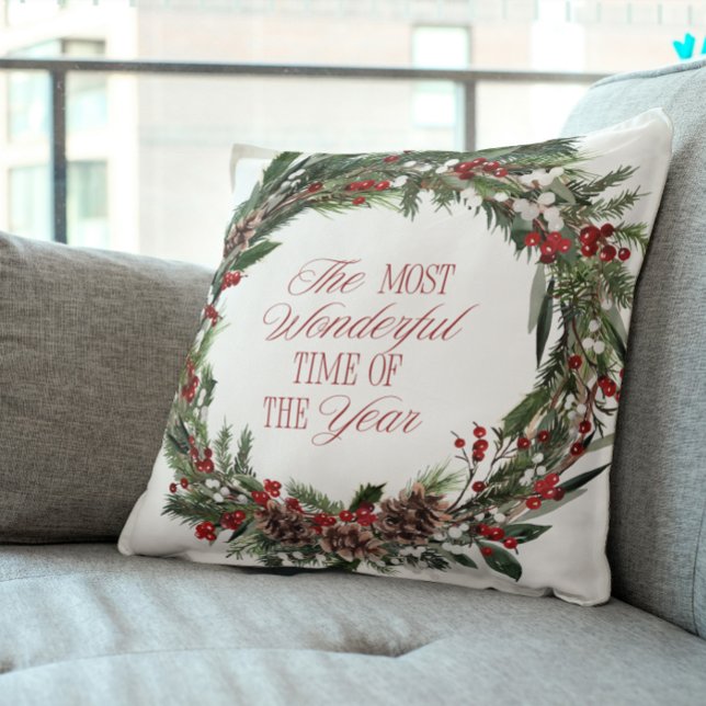Modern Red Berry Botanical Wreath Christmas Throw Pillow (Get into the holiday spirit with this festive Christmas pillow!)