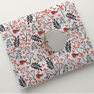Modern Red Berry Christmas Bird Red Gray Wrapping Paper