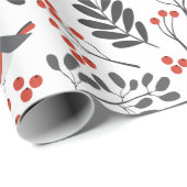 Modern Red Berry Christmas Bird Red Gray Wrapping Paper (Roll Corner)