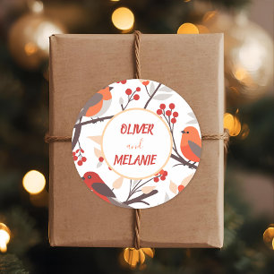 Modern Red Berry Holidays Bird Custom  Classic Round Sticker