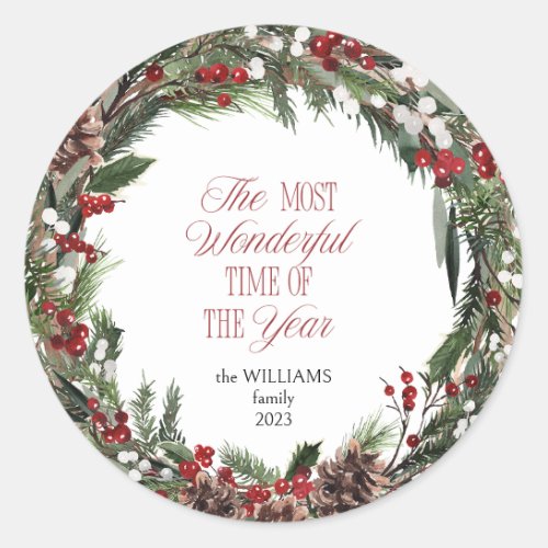 Modern Red Berry Wreath Christmas Typography Classic Round Sticker