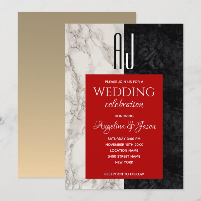 Modern Red Black and White Wedding Invitation (Front/Back)