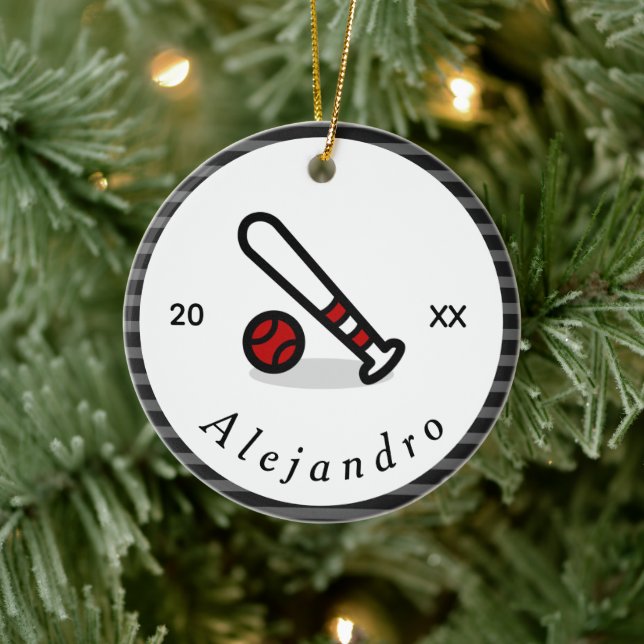 Modern Red & Black Baseball Bat Custom Name Year Ceramic Ornament (Tree)