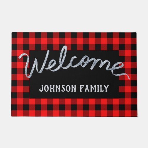 Modern Red  Black Buffalo Check Welcome Doormat