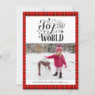 Modern Red Black Buffalo Plaid Fun Script Simple Holiday Card