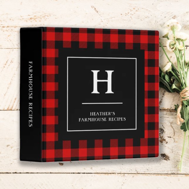 Modern Red Black Buffalo Plaid Monogrammed Recipe 3 Ring Binder (Creator Uploaded)