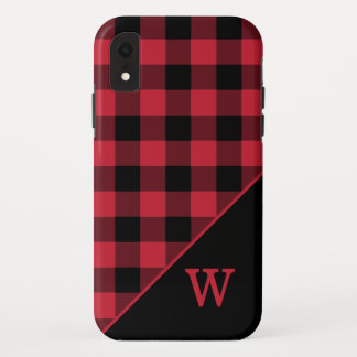 Modern Red Black Buffalo Plaid Pattern Monogram iPhone XR Case