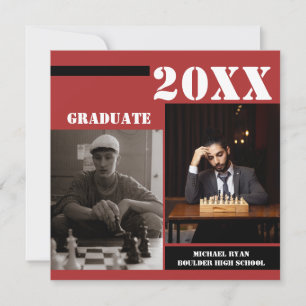 Modern Red Black Chess Photo Graduation Invitation
