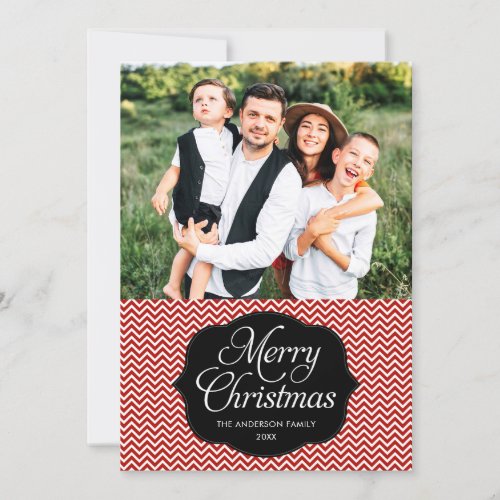 Modern Red Black Chevron Christmas Photo Card