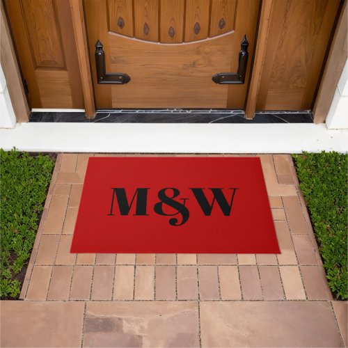 Modern red black custom couple monogram initials doormat