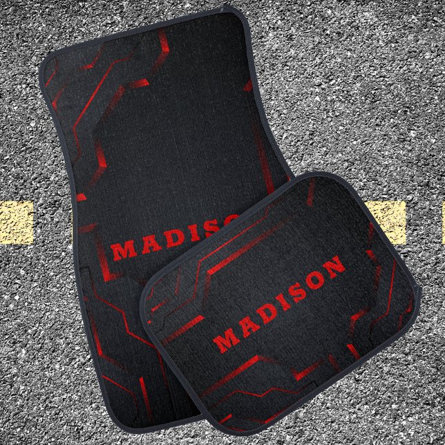Modern Red Black Electronic Abstract Monogrammed Car Floor Mat (Creator Uploaded)