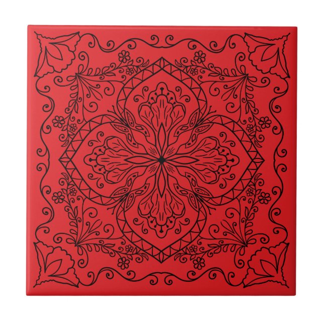 Modern Red Black Flowers Butterfly Decorative Ceramic Tile (Front)