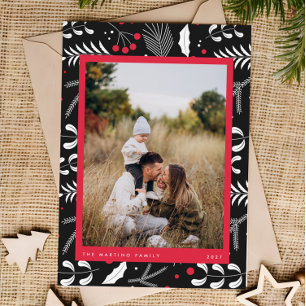 Modern Red Black Folk Floral Photo Christmas Card
