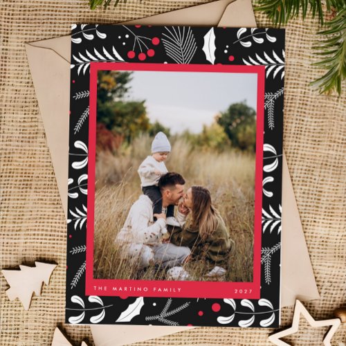 Modern Red Black Folk Floral Photo Christmas Card