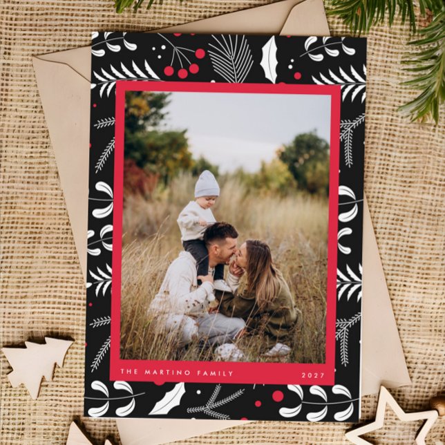 Modern Red Black Folk Floral Photo Christmas Card (Creator Uploaded)