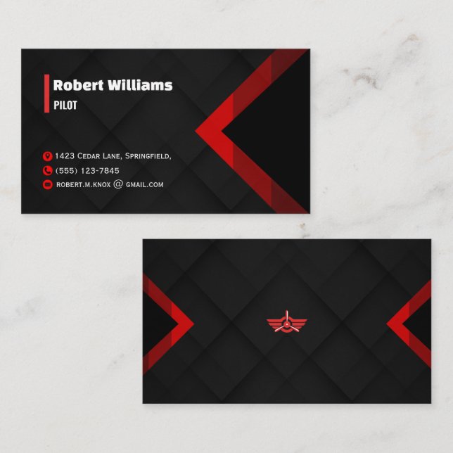Modern Red & Black Geometric Pilot  Business Card (Front/Back)