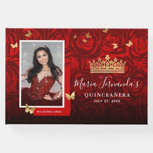 Modern Red Black Gold Elegant Photo Quinceanera Guest Book