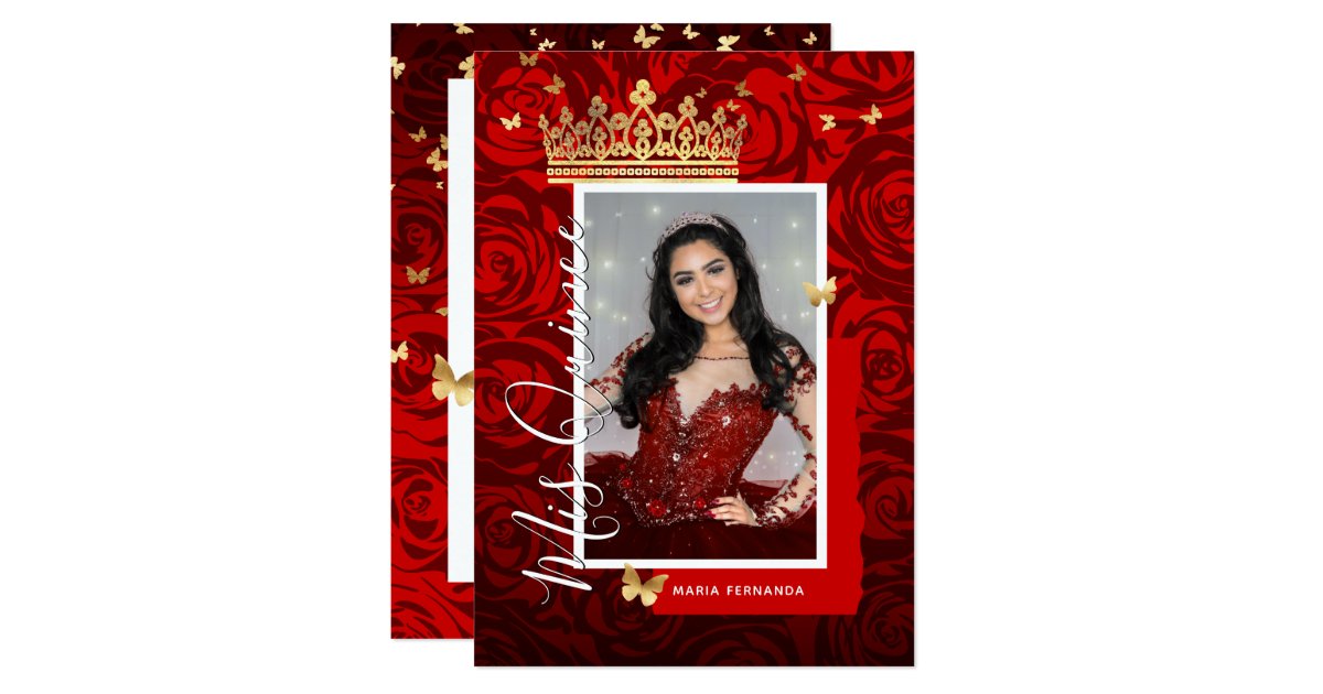 Modern Red Black Gold Elegant Photo Quinceanera Invitation