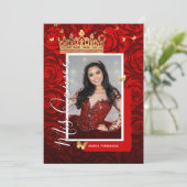 Modern Red Black Gold Elegant Photo Quinceanera Invitation (Standing Front)
