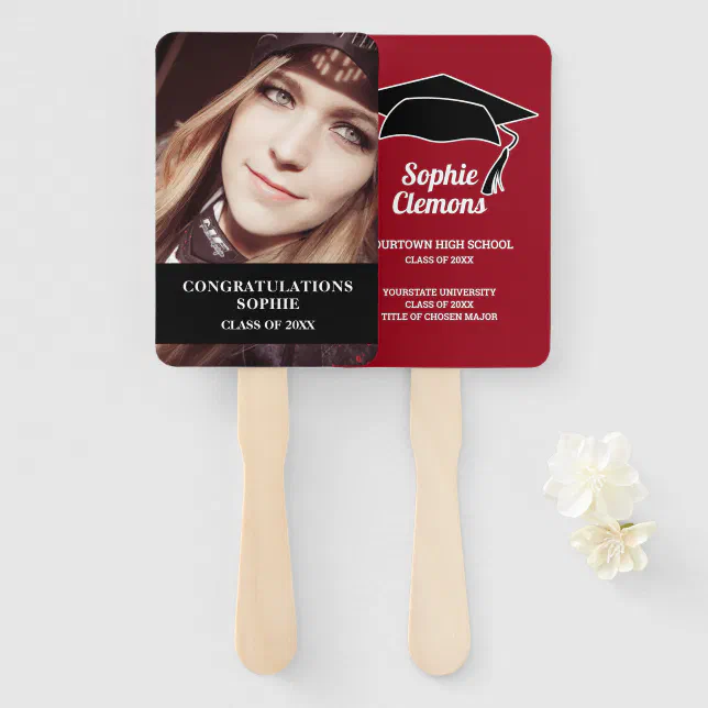 Modern Red Black Graduation Cap Photo Class of Hand Fan | Zazzle