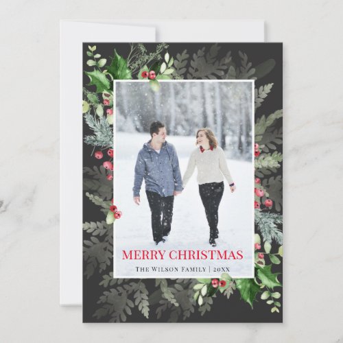 Modern Red Black Greenery Merry Christmas Photo Holiday Card