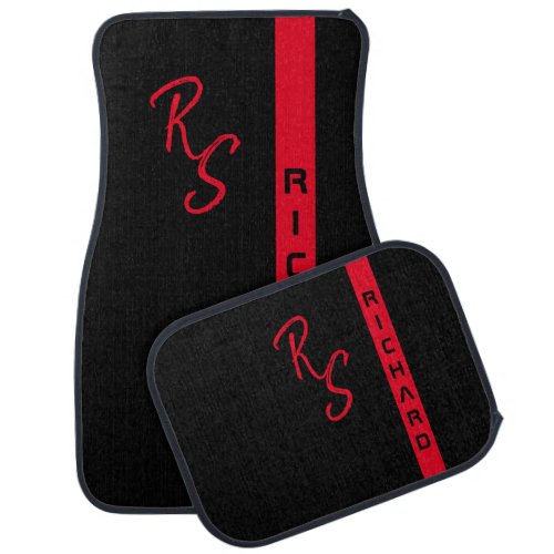 Modern Red Black Line Stripe Monogrammed Name Cool Car Floor Mat