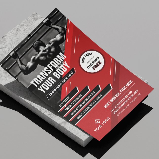 Modern Red & Black Logo Sports Photo Gym Marketing Flyer (Modern gym workouts marketing flyer with photo and your custom text and logo)