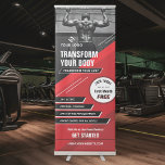 Modern Red & Black Logo Sports Photo Gym Marketing Retractable Banner<br><div class="desc">Promote your workout classes or fitness studio with this modern Gym Retractable Sign With Photo and Your Logo. Featuring a bold black and red design with space for one large photo, your logo, tag line or heading, USPs and services as well as a promotional badge to add a special discount...</div>