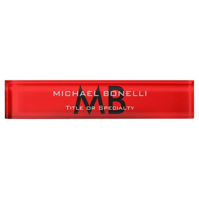 Modern red black monogram initials desk name plate (Front)